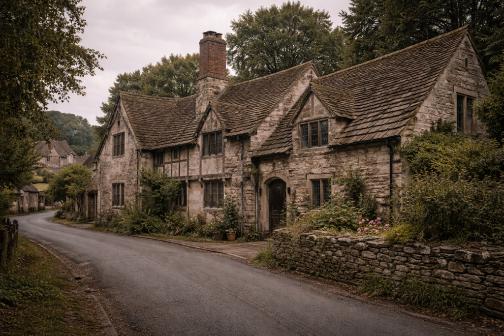 Exterior of the Ancient Ram Inn under subdued daylight, with weathered stone walls, steep gabled roofs, and a narrow village road curving past the historic building.