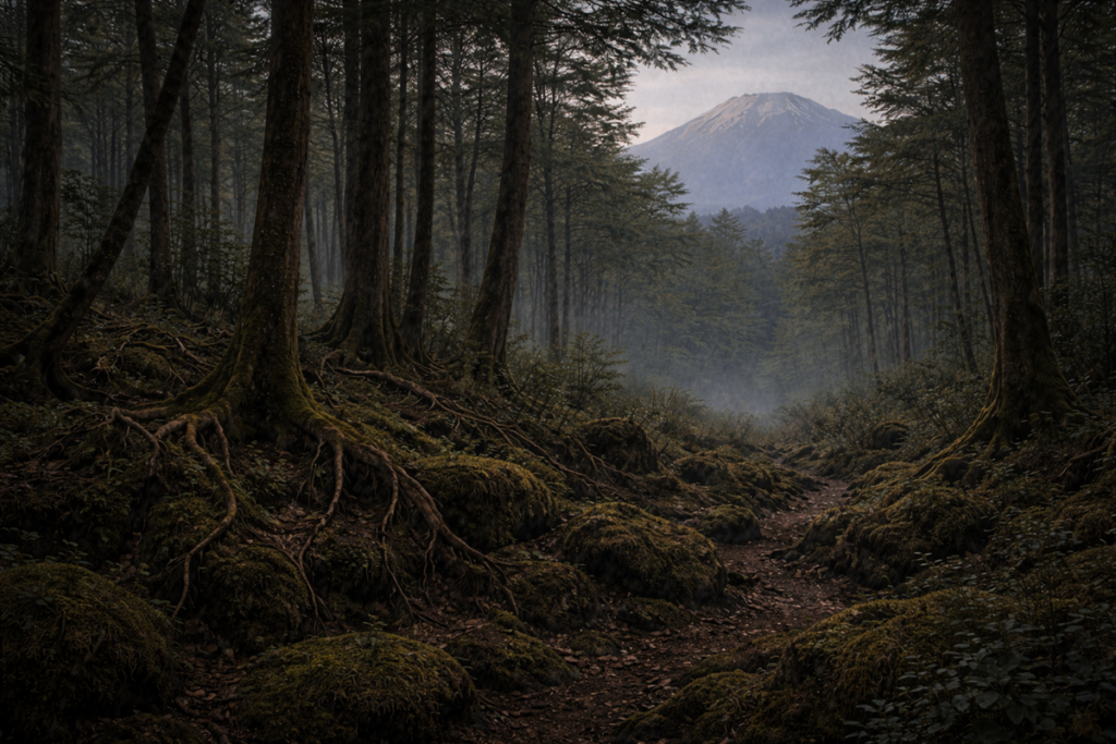 Misty view of Aokigahara Forest, with dense trees, moss covered ground, and a narrow path beneath Mount Fuji.