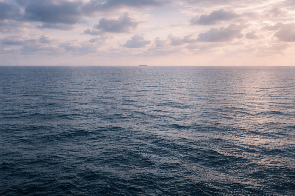 Open ocean view associated with the Bermuda Triangle at dusk, with calm waters, distant horizon, and layered clouds.