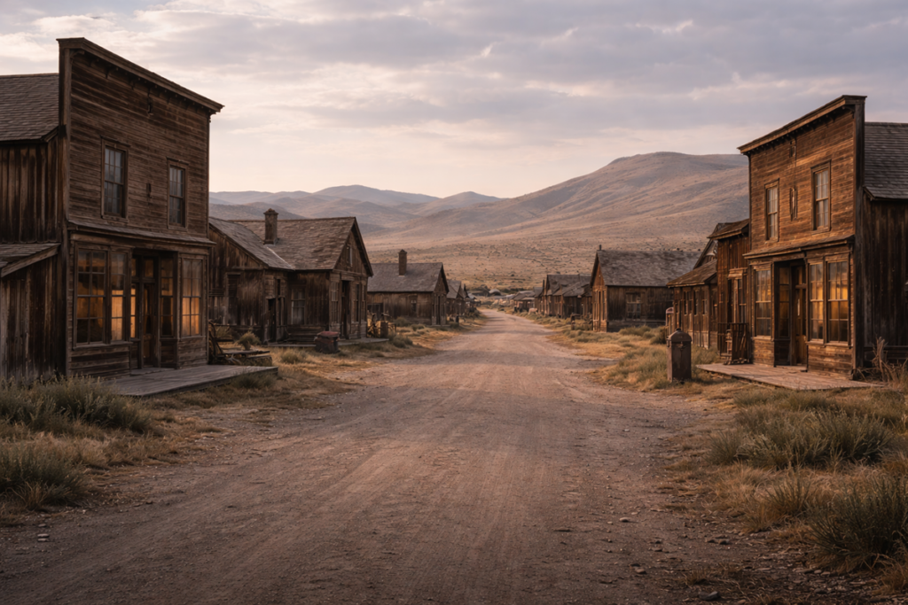Abandoned street in Bodie at dusk, with weathered wooden buildings, a dusty road, and rolling hills in the distance.