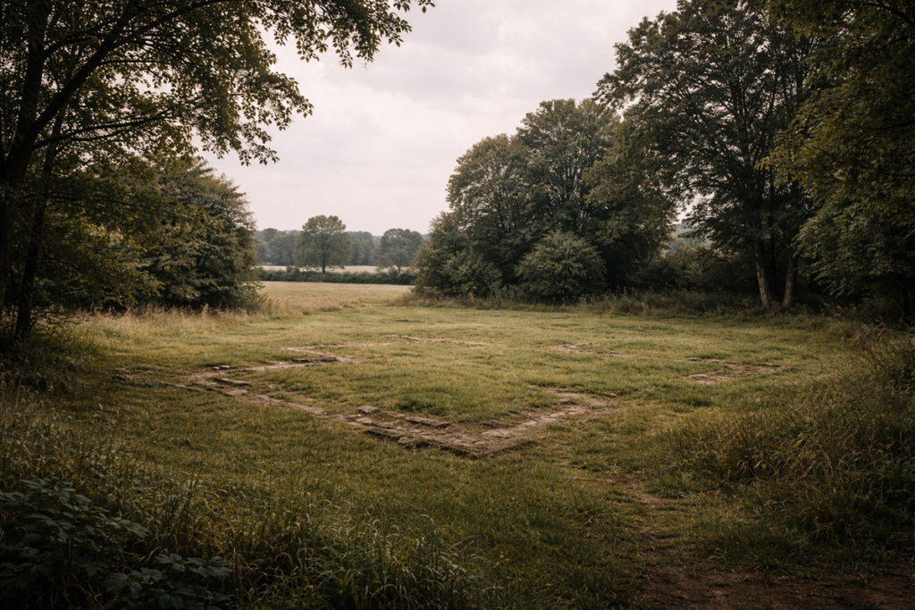 Clearing at the former site of Borley Rectory under overcast light, with faint stone foundations visible in the grass and surrounding trees enclosing the quiet landscape.