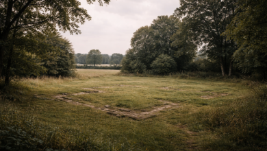 Clearing at the former site of Borley Rectory under overcast light, with faint stone foundations visible in the grass and surrounding trees enclosing the quiet landscape.