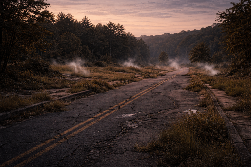 Abandoned road in Centralia at dusk, with cracked asphalt, rising steam, and encroaching forest.