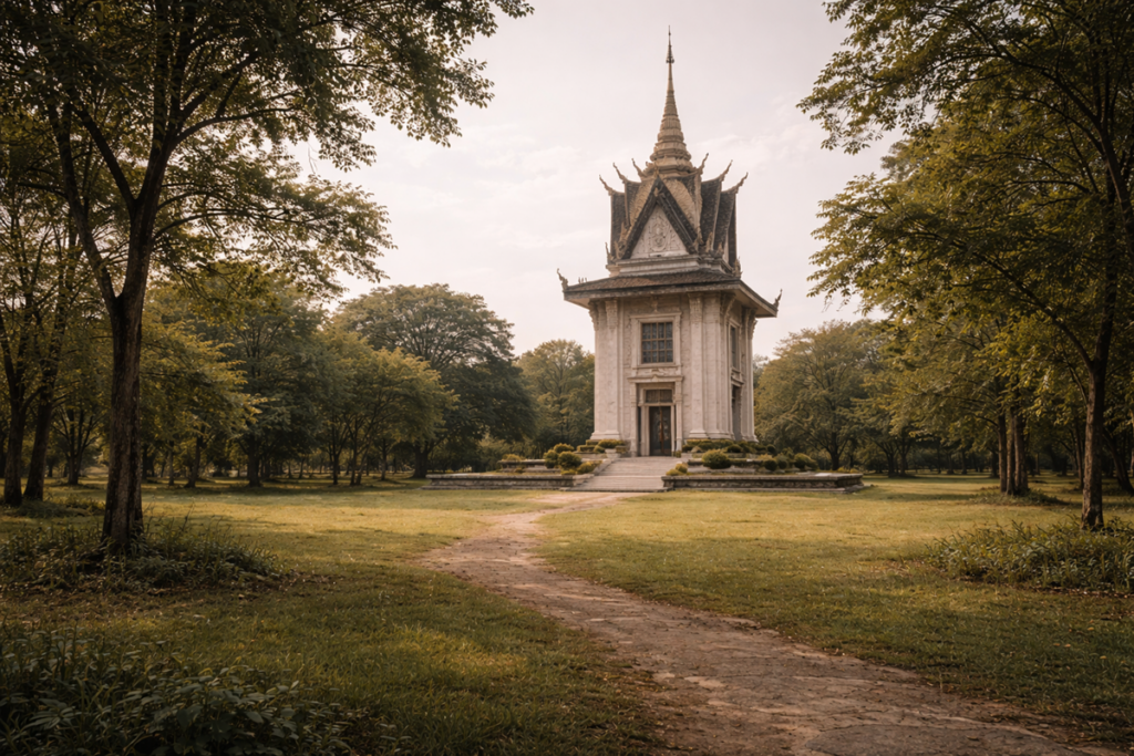 Memorial structure at Choeung Ek under soft daylight, with a tall stupa rising from a quiet clearing, framed by trees and a simple path leading through the grounds.