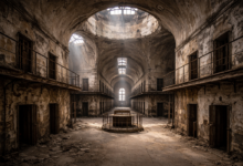 Interior of Eastern State Penitentiary, with decaying cell blocks, arched ceilings, and soft light filtering through broken skylights.