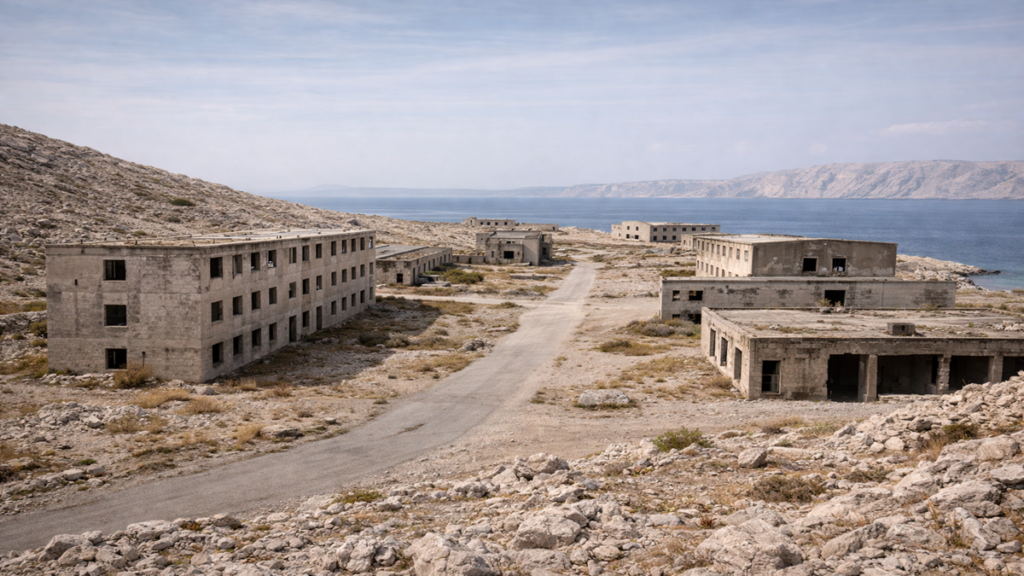 Concrete barracks and empty corridors define Goli Otok, an abandoned island prison where isolation and forced labor shaped daily life, leaving a stark architectural record of political repression exposed to wind, salt, and silence.
