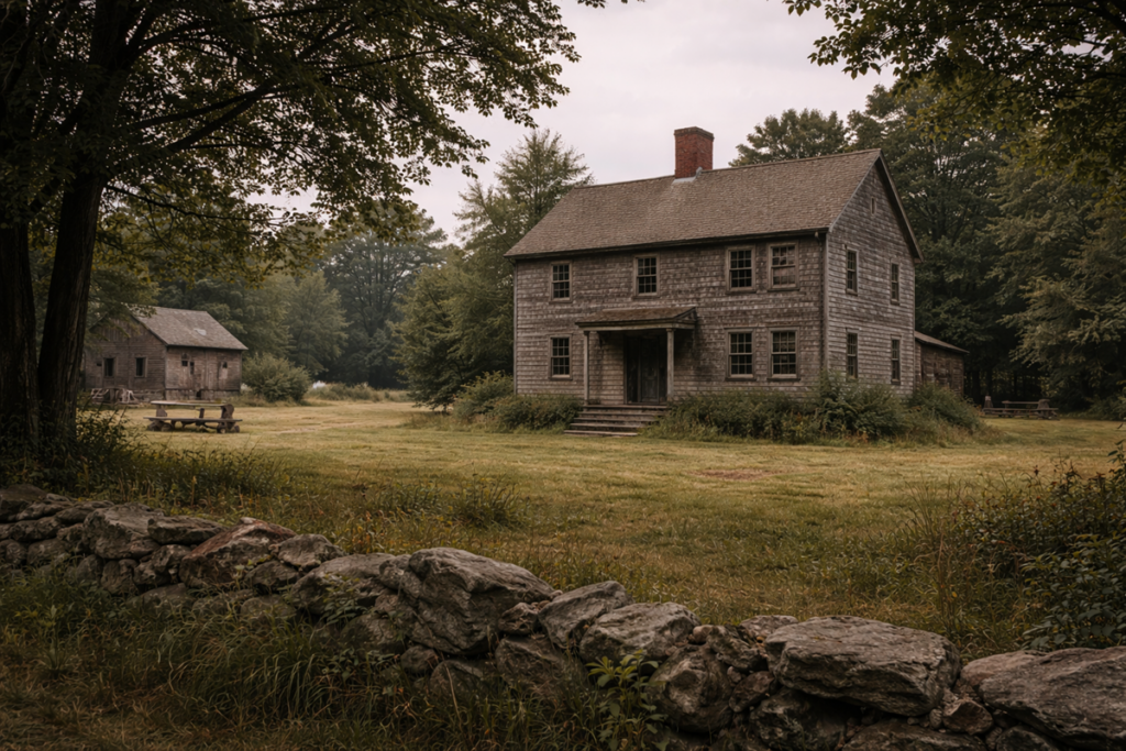 Exterior of the Harrisville House under muted daylight, with a weathered wooden farmhouse set in a quiet clearing, framed by trees, grass, and low stone walls.