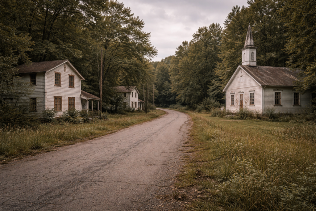 Quiet, abandoned street in Helltown, Ohio, with weathered white wooden houses and a small church lining a cracked road, surrounded by dense forest, where overgrown grass and muted daylight emphasize the silence and unresolved history of the settlement.