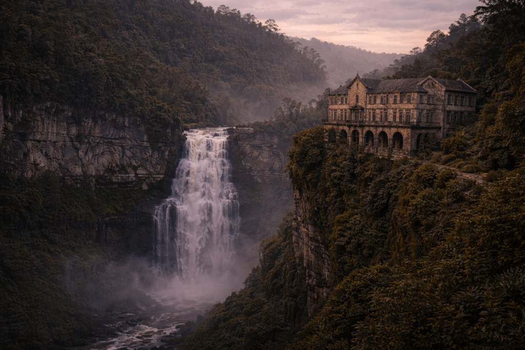View of Hotel del Salto at dusk, with a stone building perched on a cliff beside a misty waterfall and forested gorge.