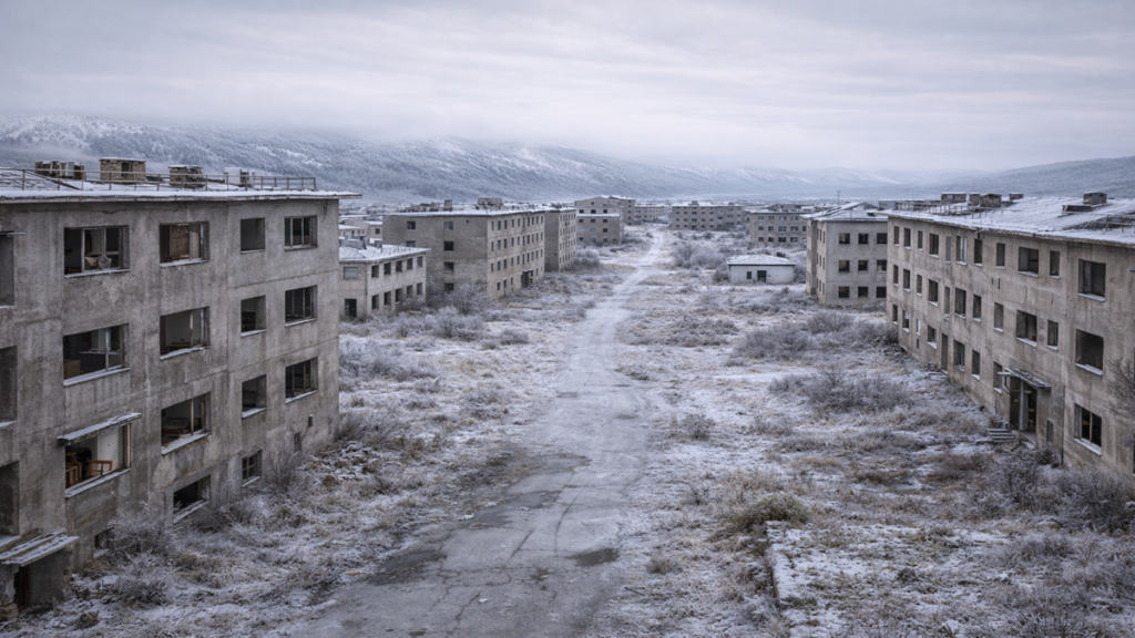 Rows of derelict apartment blocks stretch into frozen distance in Kadykchan, a former mining town abandoned after economic collapse, where Soviet-era housing remains intact yet emptied of daily life, emphasizing scale, isolation, and sudden departure.