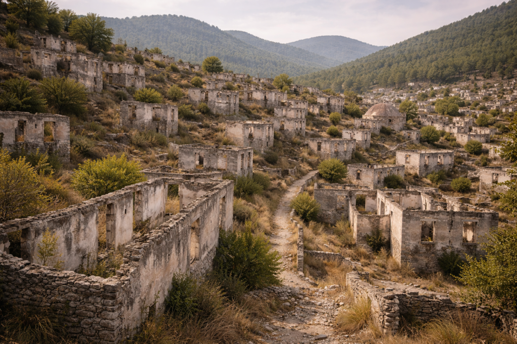 Abandoned hillside settlement of Kayaköy, with roofless stone homes, winding paths, and encroaching vegetation revealing a community left intact by history and displacement.
