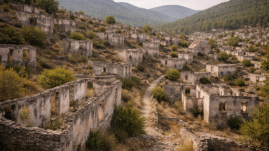 Abandoned hillside settlement of Kayaköy, with roofless stone homes, winding paths, and encroaching vegetation revealing a community left intact by history and displacement.