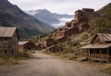 Rust-red industrial buildings climb the mountainside in Kennecott, a remote copper settlement where extreme geography preserved an entire mining complex, leaving infrastructure, workers’ housing, and processing facilities frozen in near-complete form after operations ceased.