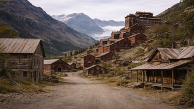 Rust-red industrial buildings climb the mountainside in Kennecott, a remote copper settlement where extreme geography preserved an entire mining complex, leaving infrastructure, workers’ housing, and processing facilities frozen in near-complete form after operations ceased.