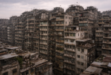 Dense view of Kowloon Walled City at dusk, with tightly packed concrete buildings, layered balconies, and a muted overcast sky.
