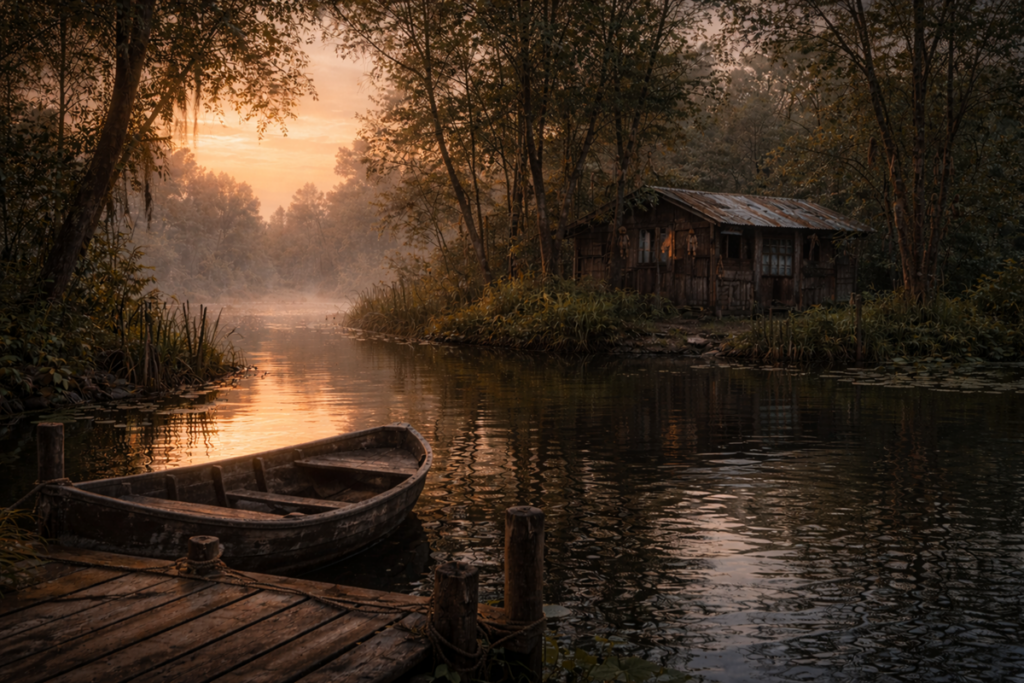 Eerie view of Isla de las Muñecas at dusk, with hanging dolls among trees, a small wooden shack, and still canal water.