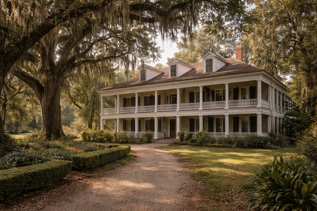 Front view of Myrtles Plantation in soft daylight, with a grand white veranda, symmetrical columns, moss-draped trees, and manicured grounds creating a calm historic plantation setting.