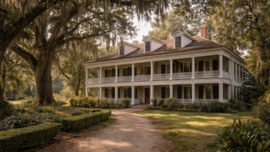Front view of Myrtles Plantation in soft daylight, with a grand white veranda, symmetrical columns, moss-draped trees, and manicured grounds creating a calm historic plantation setting.