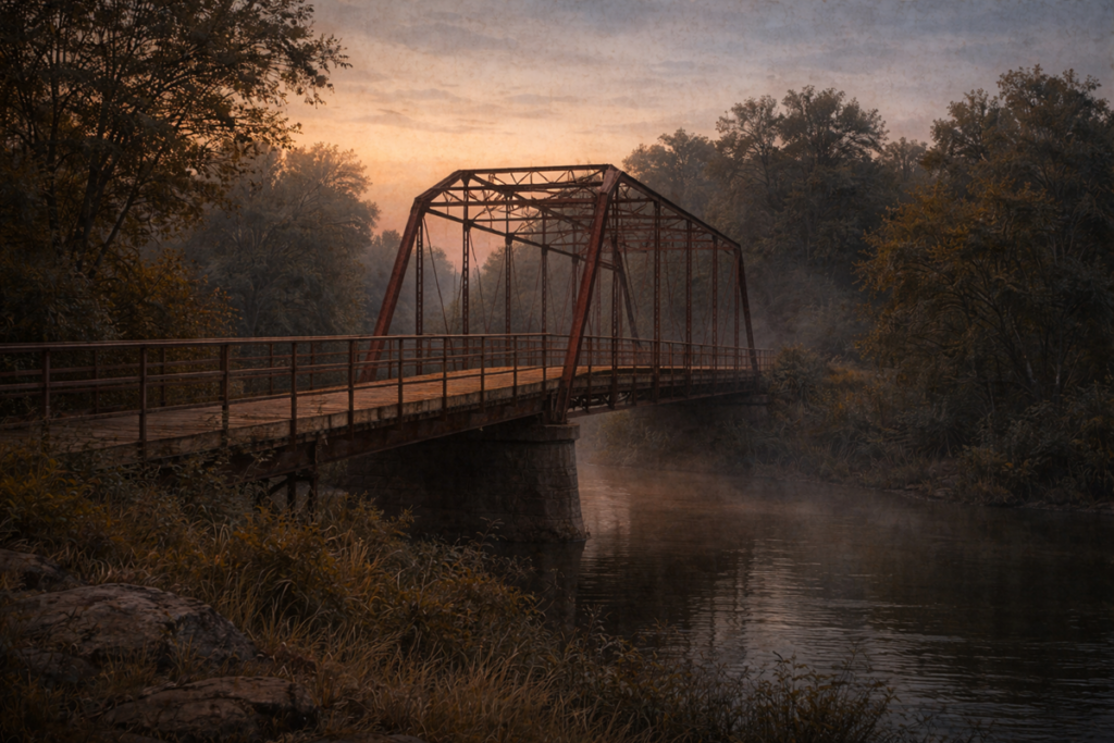 Foggy view of Old Alton Bridge at dawn, with a rusted metal truss spanning a quiet river amid dense trees.