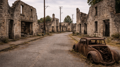 Preserved ruins of Oradour-sur-Glane, where burned stone houses, empty streets, and a rusted car remain exactly as left after wartime destruction, forming a silent record of sudden interruption and collective loss.