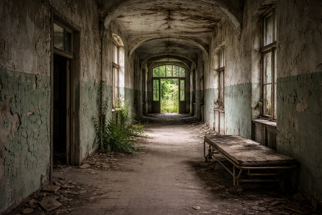 Long, decaying corridor inside Pidlubny Psychiatric Hospital, with peeling walls, broken windows, an abandoned hospital bed, and vegetation creeping in from the far doorway, where soft daylight reveals nature reclaiming the empty interior.