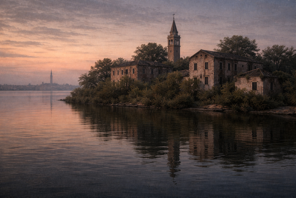 Quiet view of Poveglia Island at dusk, with abandoned stone buildings, a bell tower, and calm lagoon waters.