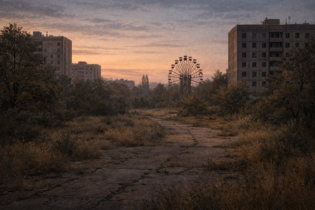 Abandoned Pripyat cityscape at dusk, with empty apartment blocks, overgrown paths, and the silent Ferris wheel.