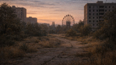 Abandoned Pripyat cityscape at dusk, with empty apartment blocks, overgrown paths, and the silent Ferris wheel.