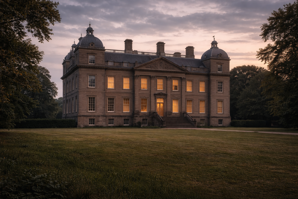 View of Raynham Hall at dusk, with a grand Georgian façade, softly lit windows, and manicured lawns framed by trees.
