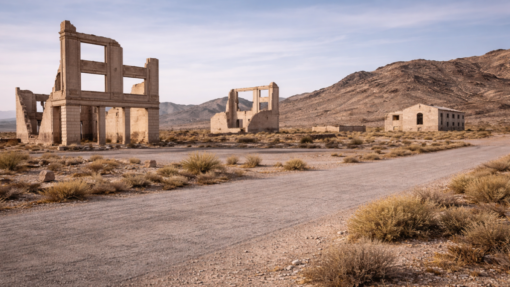 Skeletal concrete facades rise from the desert in Rhyolite, a boomtown abandoned after rapid collapse, where unfinished grandeur and empty streets preserve the speed at which speculation turned to silence.