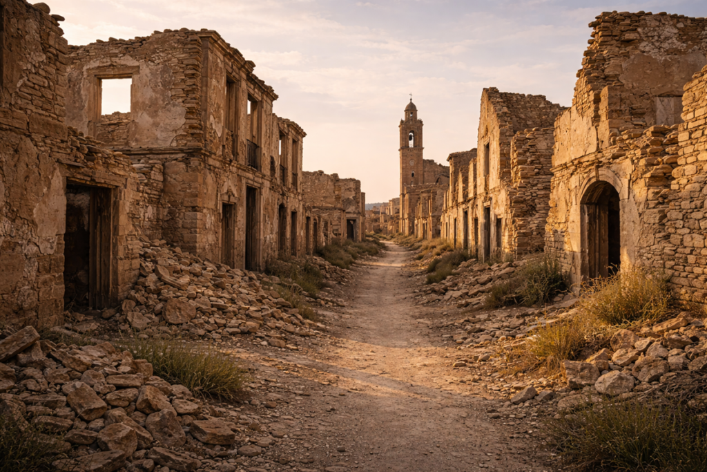 Ruins of Belchite at golden hour, with shattered stone buildings lining a silent street and a lone church tower rising in the distance.