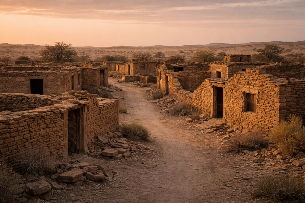Ruins of Kuldhara at sunset, with abandoned stone houses lining a dusty path across the desert under a warm, fading sky.