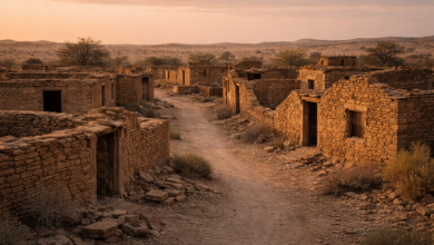 Ruins of Kuldhara at sunset, with abandoned stone houses lining a dusty path across the desert under a warm, fading sky.