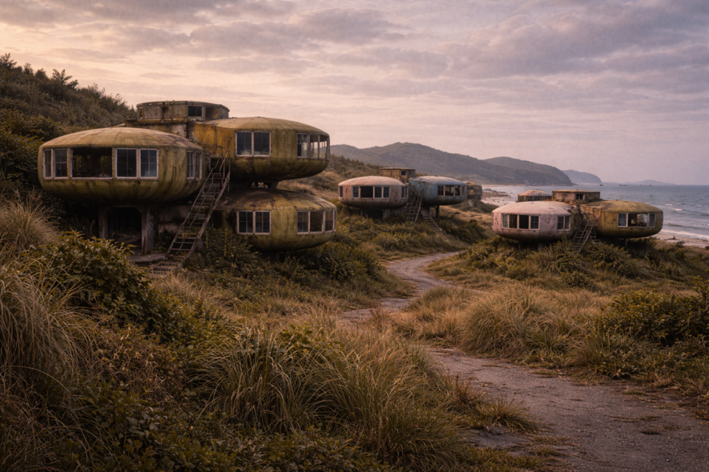Abandoned San Zhi Houses at dusk, with circular concrete structures, overgrown paths, and the coastline nearby.
