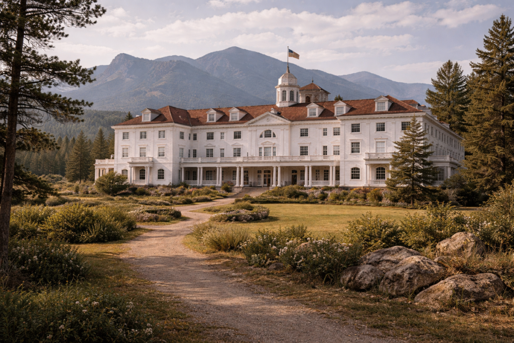 Wide view of the Stanley Hotel set against mountain peaks, with its white facade, red rooflines, landscaped grounds, and a quiet path leading toward the historic building under soft daylight.
