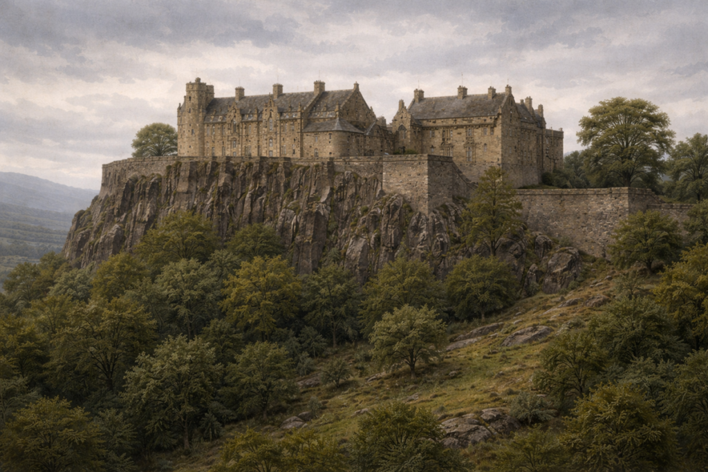 Stirling Castle in Scotland viewed from the surrounding landscape, rising above the Forth Valley on a rocky hill.