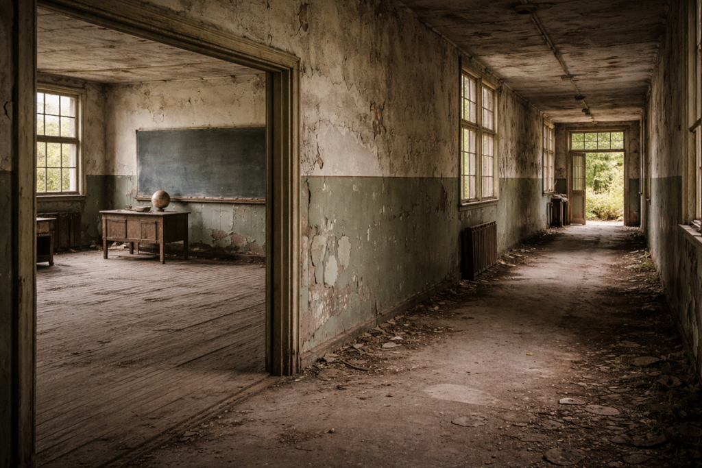 Abandoned interior of the Tak Tak Schoolhouse, with peeling walls, empty classrooms, and a silent corridor where traces of routine remain visible in the stillness.