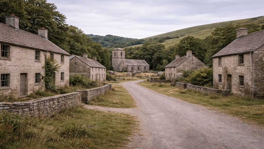 Stone cottages and an empty church line the lanes of Tyneham, a village evacuated for military training during World War II and never returned, preserved in a state of permanent pause.