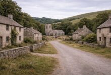 Stone cottages and an empty church line the lanes of Tyneham, a village evacuated for military training during World War II and never returned, preserved in a state of permanent pause.