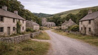Stone cottages and an empty church line the lanes of Tyneham, a village evacuated for military training during World War II and never returned, preserved in a state of permanent pause.