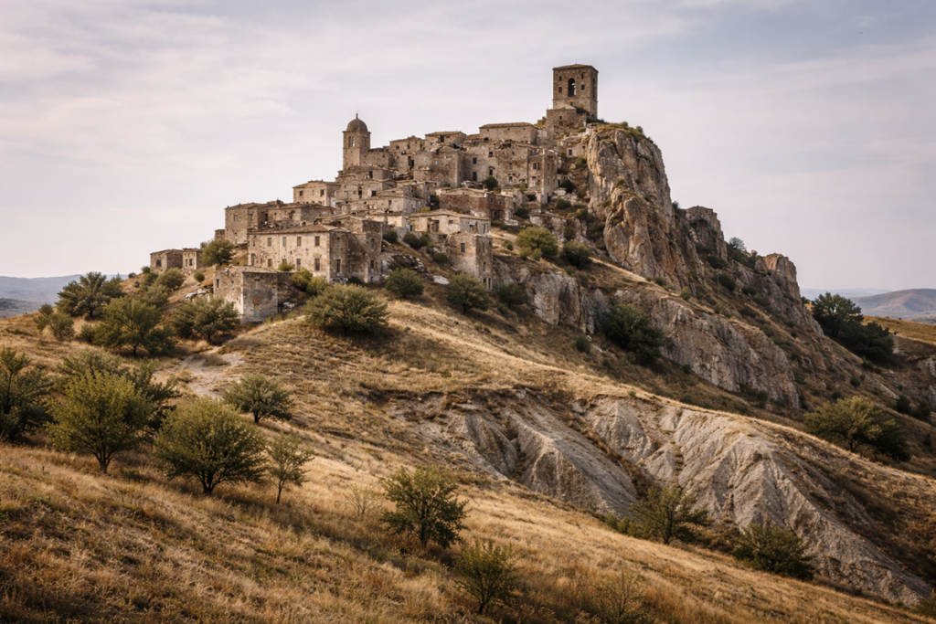 Hilltop ruins of the Village of Craco, with collapsed stone houses, a lone bell tower, and eroded slopes revealing a settlement suspended between geology, abandonment, and memory.