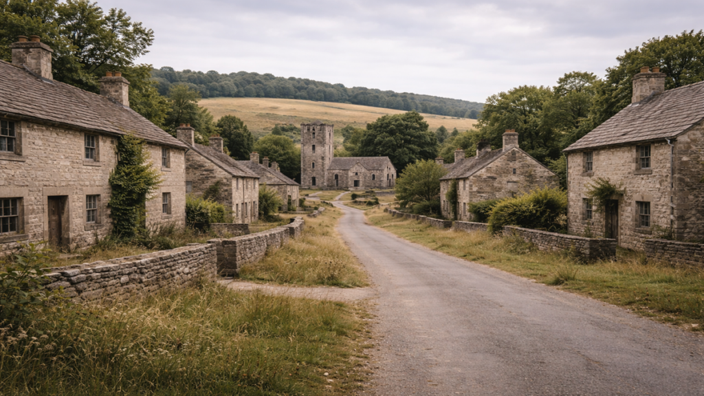 Stone cottages and an empty roadway lead toward the abandoned church in Village of Imber, a rural settlement frozen in time after wartime evacuation, where domestic architecture remains intact but permanently uninhabited.