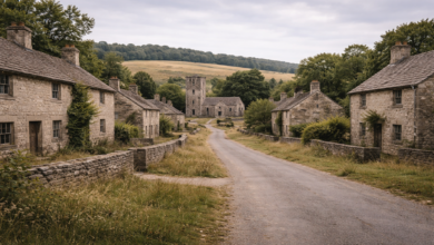 Stone cottages and an empty roadway lead toward the abandoned church in Village of Imber, a rural settlement frozen in time after wartime evacuation, where domestic architecture remains intact but permanently uninhabited.