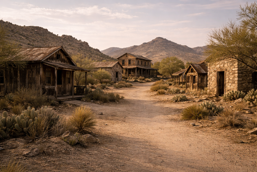 Abandoned street of Vulture City under warm daylight, with weathered wooden buildings, desert shrubs, and distant hills framing a quiet mining town scene.