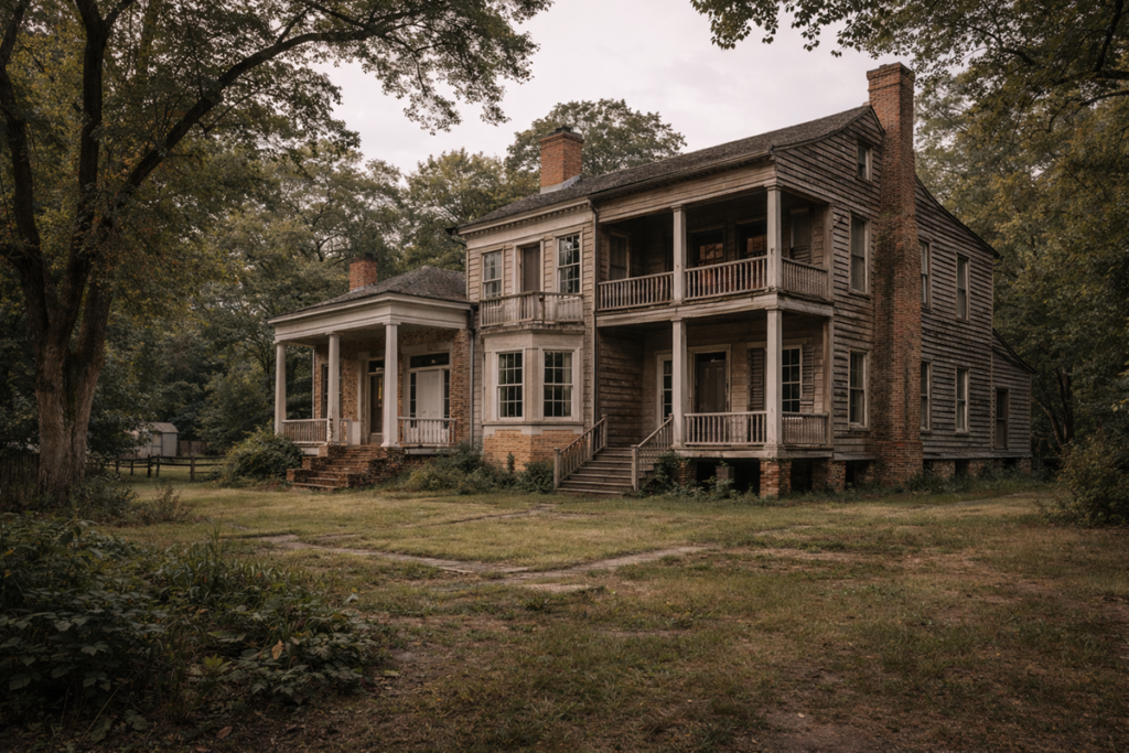 Exterior of the McRaven House under soft daylight, with a weathered wooden façade, wraparound porches, and surrounding trees creating a quiet, timeworn setting.
