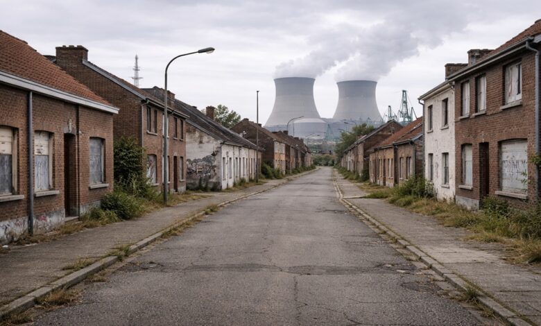Abandoned streets of Village of Doel, with empty brick houses and a distant nuclear power plant marking a community left behind by industrial expansion.