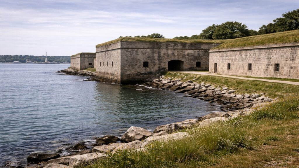 Fort Adams overlooking Narragansett Bay, a massive stone coastal fortress controlling harbor access.