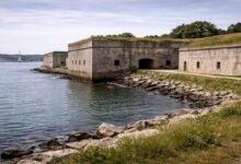 Fort Adams overlooking Narragansett Bay, a massive stone coastal fortress controlling harbor access.
